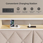 Queen Headboard Only, Headboard for Queen Size Bed with Storage, Upholstered Headboards with LED Lights & Charging Station, Attach Frame, Ideal for Bedroom/Dorm/Guest Room, White & Beige