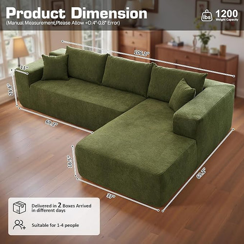 106" Cloud Sectional Couch with Chaise Lounge,L Shaped Modular Modern Sofa,Comfy Velvet Fluffy Couches with Deep Seat,No Assembly Required Couch for Living Room (Right,Cloudy Velvet,Green)