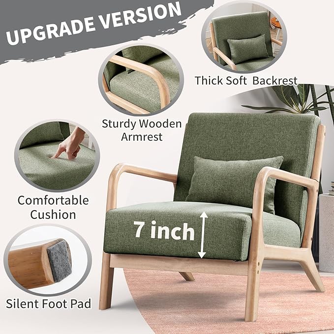 ANJ ANJHOME Mid Century Modern Accent Chair, Comfy Fabric Reading Chair with Solid Wood Frame, Easy Assembly Armchair for Living Room Blackish Green
