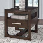 Signature Design by Ashley Breckington Modern End Table with 1 Drawer, Open Shelf and Trestle Base, Dark Brown