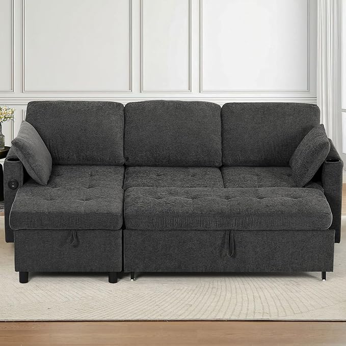 84" Fabric Pull Out Sofa Bed w/Adjustable Backrest, L-Shape Modern Sleeper Sofa w/Reversible Chaise, Upholstered Sectional Couch w/USB Port and Side Pockets for Living Room, House, Grey