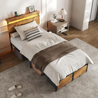 Forestell Twin Bed Frames with Wood Headboard, Metal Platform Bed with 2 Storage Drawers & Shelf, Built in Charging Station & LED Lights, No Box Spring Needed, Vintage Brown, Camas Twin Size