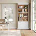 LITTLE TREE 72" Tall White Bookcase, 5-Tier Office Bookself with File Cabinet Drawers,Modern Floor Standing Storage Filing Cabinet Book Shelf for Living Room,Bedroom(2 Piece,White)
