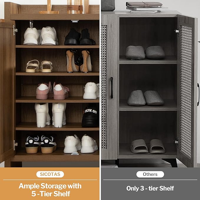 SICOTAS Shoe Cabinet Set of 3, Large Capacity Shoe Storage Organizer Cabinet, Tall Rattan Shoe Cabinet with Doors and Shelves, 6-Tier Farmhouse Boho Wooden Storage Cabinet for Entryway Hallway