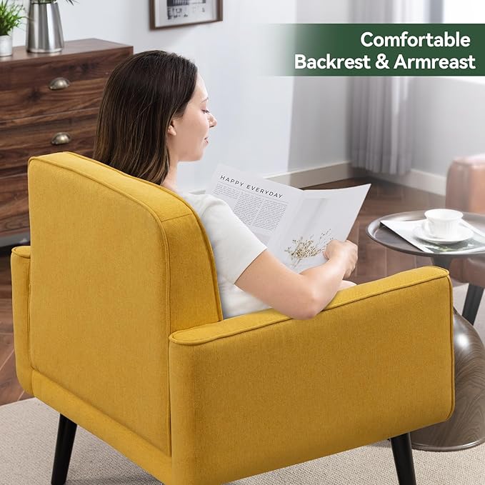 Accent Chair Set of 2, Fabric Modern Chair with Wooden Frame, Cozy Armchair Reading Chair with Comfy Back for Apartment, Living Room, Bedroom, Waiting Room, Small Space, Corner, Yellow