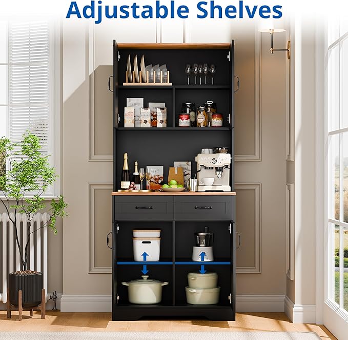 Cozy Castle Pantry Cabinet, Farmhouse Kitchen Hutch Cabinet with Storage Drawers Freestanding Coffee Bar Liquor Sideboard Large Countertop Cupboard for Dining Room, Living Room, 71'' Tall Black