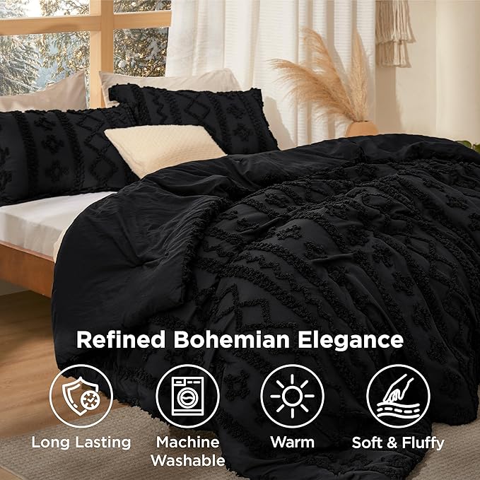 Bedsure Tufted Boho Comforter Set Twin Size - Black Boho Bed Set, GentleSoft™ 2 Pieces Farmhouse Shabby Chic Embroidery Bedding, Gifts for Woman, Soft Jacquard Twin Comforter for All Seasons