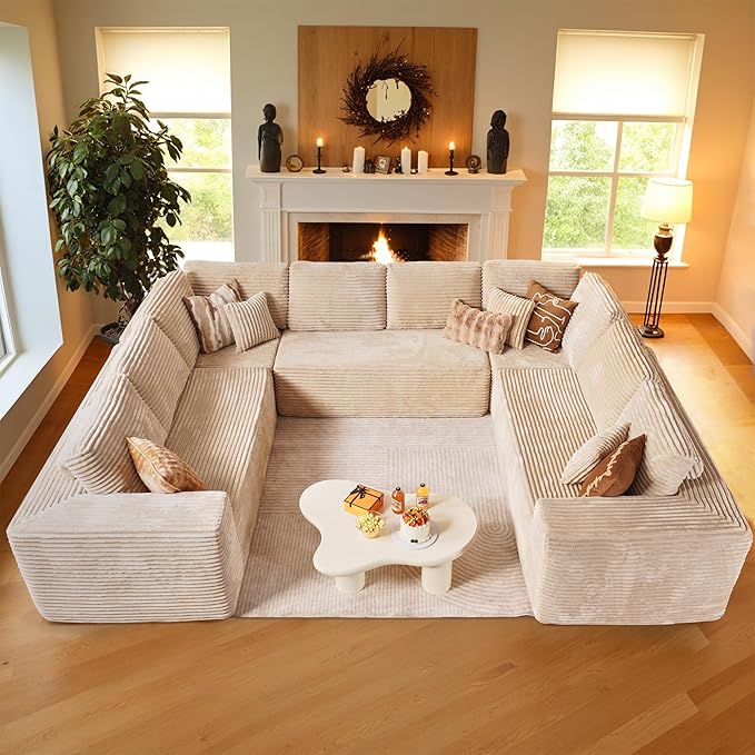 Weaxty Cloud Sectional Couch for Living Room, Oversized U Shaped Boneless Couches, Plush Corduroy Memory Foam Deep Seat Floor Sofa, No Assembly Required，Beige