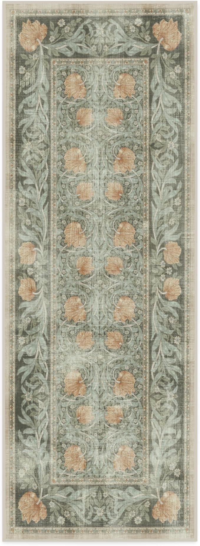 RUGGABLE x Morris & Co Machine Washable Runner Rug – Pimpernel Vintage Green 2.5x7, Stain-Resistant, Non-Slip – Washable Rug for Hallway, Entryway, Living Room & Kitchen–with Cushioned Pad