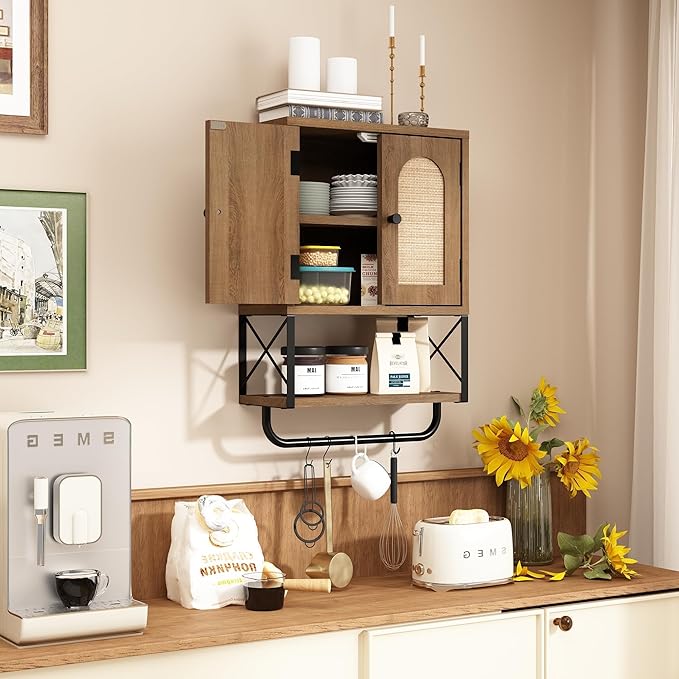 RUSTOWN Rattan Bathroom Wall Cabinet, Boho Over The Toilet Storage Cabinet with Arched Rattan Doors, Modern Medicine Cabinet with Adjustable Shelves & Towel Bar, Bathroom Organizer(Rustic Oak, Small)