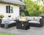NICESOUL High-End Outdoor Patio Furniture Set with Natural Gas/Propane Firepits, 7 Piece Large Wicker Sectional Couches with Fire Table, 29.3'' High Back Deep Seating Comfy Conversation Sofas, Gray