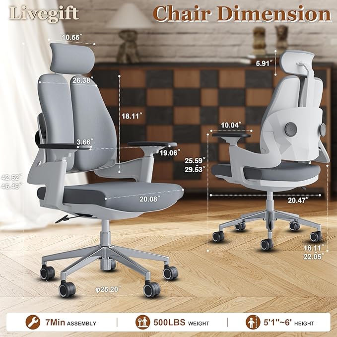 Ergonomic Office Chair Desk Chair Dual-backrest Computer Chair with Flexible Lumbar Support and Adjustable Height, 500lbs Extra Wide Seat with Wheels, for Home & Office Use Grey