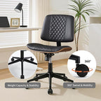 Modern Black Home Office Chair – Armless Mid-Back Desk Chair with PU Leather, Adjustable Height, Swivel Wheels, Walnut Wood Finish, Perfect for Small Spaces