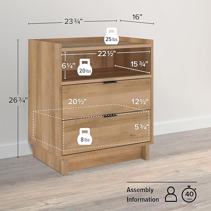 Prepac Simply Modern Nightstand Bedside Table, Natural Oak Nightstand for Bedroom, End Table with 2 Drawers and Open Shelf 23.75" W x 26.75" H x 16" D