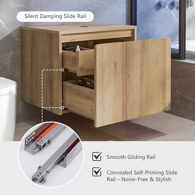 Bathroom Vanity, Natural Color Wall-Mounted Bathroom Vanity with Hidden Drawer (Nature Without Sink, 24)