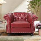 2 Piece Living Room Sofa Set, 3 Seater Faux Leather Sofa Couch and Chair Set, Mid Century Modern Upholstered Couch with Cushions, Comfy Tufted Chesterfield Couches for Bedroom, Office (Wine Red)