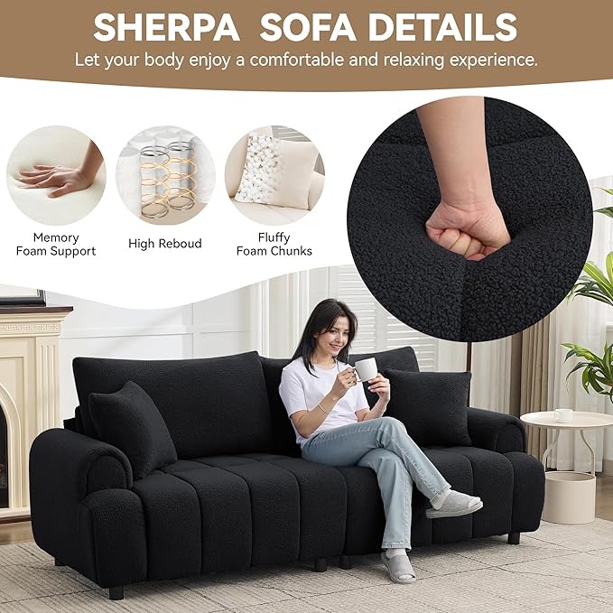 88 "Modern Boucle Sofa Couch, Oversized Comfy 3 Seater Sherpa Curved Sofas Deep Seat, Upholstered Loveseat Teddy Round Arm Couches for Living Room, Bedroom, Black