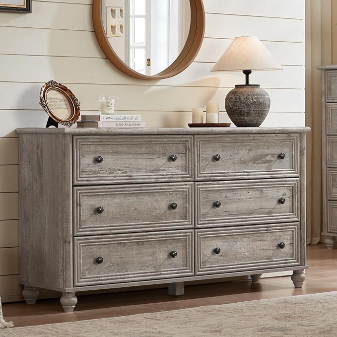 6 Drawers Dresser for Bedroom, Farmhouse 54" Wide Wood Dressers Chest of Drawers, Vintage Design TV Stand, Rustic Storage Dresser Organizer with Metal Handle Closet for Living Room, Hallway