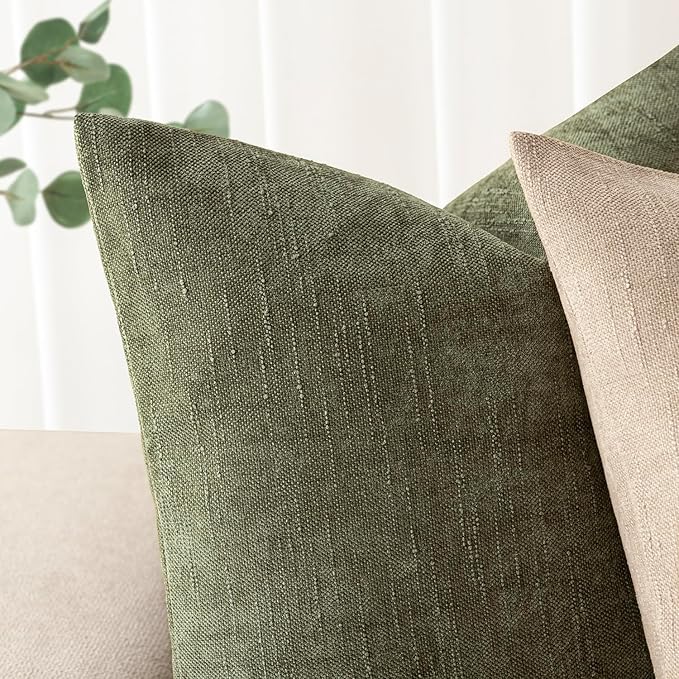 Foindtower Pack of 2 Soft Textured Chenille Throw Decorative Pillow Covers Square Accent Solid Cushion Cover Cozy Neutral Farmhouse Pillow Case for Couch Sofa Bedroom Living Room 22x22 Inch,Dark Green