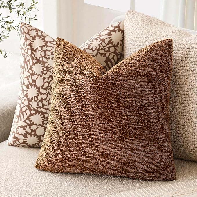 Foindtower Set of 2, Decorative Textured Boucle Throw Pillow Covers Accent Solid Pillow Cases Neutral Soft Cozy Couch Cushion Case for Chair Sofa Bedroom Living Room Home Decor 24x24 Inch Hazel Brown