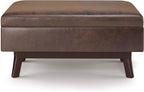 SIMPLIHOME Owen 36 inch Wide Mid Century Modern Small Rectangular Storage Ottoman in Distressed Chestnut Brown Vegan Faux Leather, Assembled, For the Living Room, Entryway and Family Room