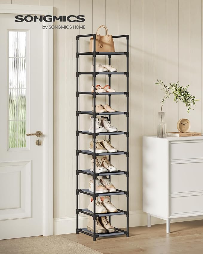 SONGMICS Shoe Rack, 10-Tier Shoe Shelf, Shoe Storage Organizer, 13 x 13 x 68 Inches, Metal Frame, Non-Woven Fabric Shelves, for Entryway, Bedroom, Gray ULSR110G01
