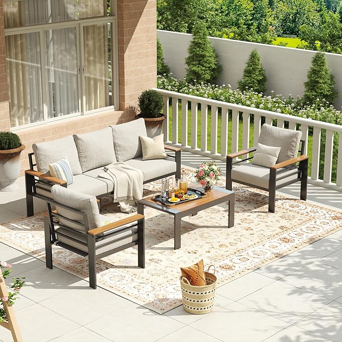 Aoxun Aluminum Patio Furniture Set 5 Seats, Oversized Outdoor Sectional with Washable Thick Cushions, Coffee Table, Patio Conversation Sets for Porch, Balcony, Deck