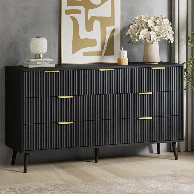 LYNSOM Fluted Dresser and Nightstand Set, 3 Pieces Bedroom Set, 55 Inch Wide 7-Drawer Dresser & 2-Drawer Nightstands Set of 2, Modern Dressers Set for Bedroom, Hallway, Black