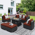 NICESOUL 7 Piece Oversized Patio Furniture Sofa Set with Fire Pit Table Propane Natural Gas Convertible, 29.3'' High Back Sturdy Outdoor Conversation for Heavy People, 2 Color Cushion Wine & Gray