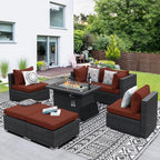 NICESOUL 7 Piece Oversized Patio Furniture Sofa Set with Fire Pit Table Propane Natural Gas Convertible, 29.3'' High Back Sturdy Outdoor Conversation for Heavy People, 2 Color Cushion Wine & Gray