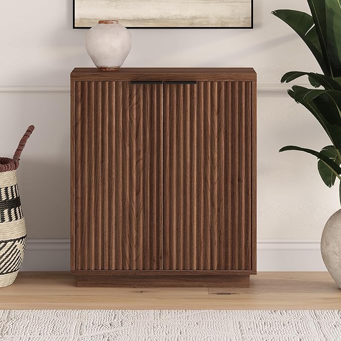 Henn&Hart 28" Fluted Wooden Accent Cabinet, Modern Ribbed Sideboard Buffet Cabinet with 2 Doors and an Adjustable Shelf for Living Room, Dining Room, Bedroom or Entryway, Satin Walnut