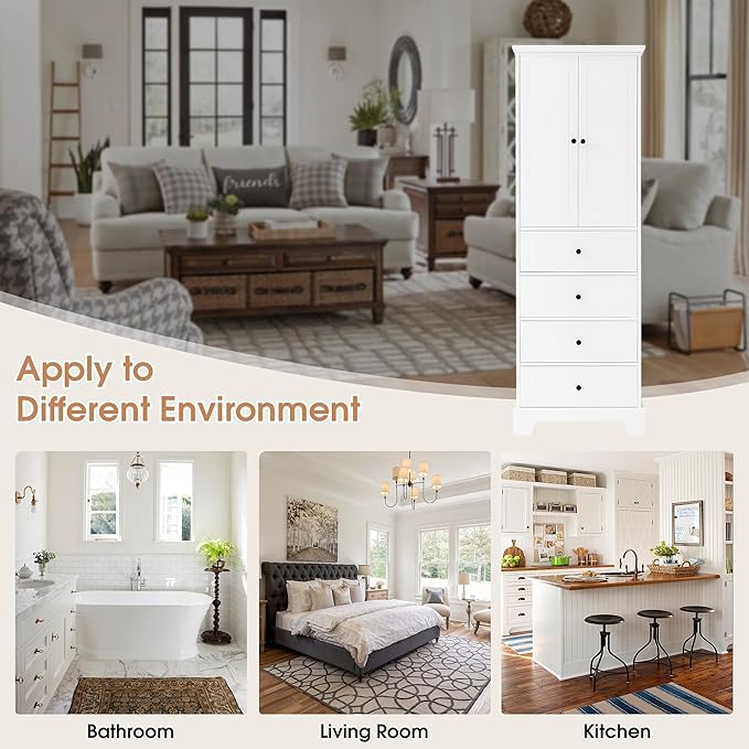 P PURLOVE Bathroom Storage Cabinet with 2 Doors and 4 Drawers,Tall Bathroom Cabinet Standing,Wood Freestanding Bathroom Cabinet for Kitchen,Living Room,White