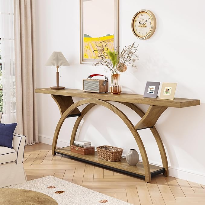 Tribesigns 70.87" Console Table with Storage Shelf, Narrow Long Sofa Table Behind Couch Table, 2-Tier Rustic Entryway Table with Half Moon Frame for Hallway Living Room, Gray & Black (Light Brown)