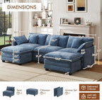 WorthFurni 111.4” Modular Sectional Sofa, U Shape Cloud Couch with 2 Movable Ottoman, Comfy Chenille Deep Seat Sofa with Soft Pillows for Living Room Apartment (Blue)