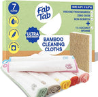 Fab Tab Viscose Made from Bamboo Cleaning Cloths Ultra Absorbent, Reusable Kitchen Cloths, Quick Drying, Non-Scratch, Includes Coconut Sponge, Multicolor, 7-Pack