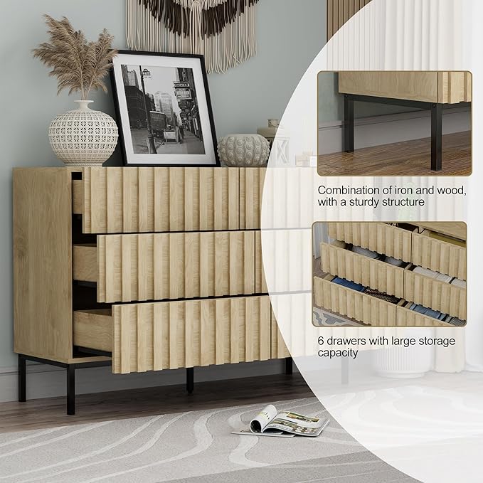 UEV Fluted Dresser for Bedroom with 6 Drawers, 47" Wide Large Chest of Drawers with Metal Stand, Mid-Century Wooden Dresser TV Stand, Closet Storage Organizer for Living Room, Hallway (Ivory White)