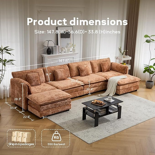 112" U Shaped Modular Sectional Sofa, 3 Seater Comfy Cloud Couch with Movable Ottoman, Deep Seat Couches for Living Room, Bedroom,Apartment (Orange)