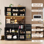 ONBRILL 71" Pantry Cabinet, Kitchen Pantry Storage Cabinet with LED Light & Outlet, Kitchen Hutch with Microwave Shelf & 6 Hooks, Door Shelf & Drawer & Adjustable Shelf, for Dining Room, Black