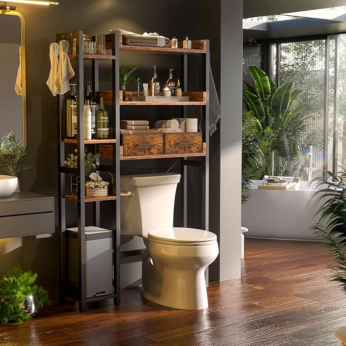 Over The Toilet Storage with 2 Drawers - 7 Tier Bathroom Organizer with Adjustable Shelf, Freestanding Space Saver Storage Rack Above Toilet Stand with 4 Hooks for Restroom, Laundry, Rustic Brown