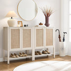 SICOTAS Shoe Storage Cabinet for Entryway - 5 Tier Rattan Entry Shoe Organizer Cabinet with Shelves & Doors, 2 Pieces Farmhouse Boho Shoe Rack for Hallway, Living Room, Closet (White Cream Oak)