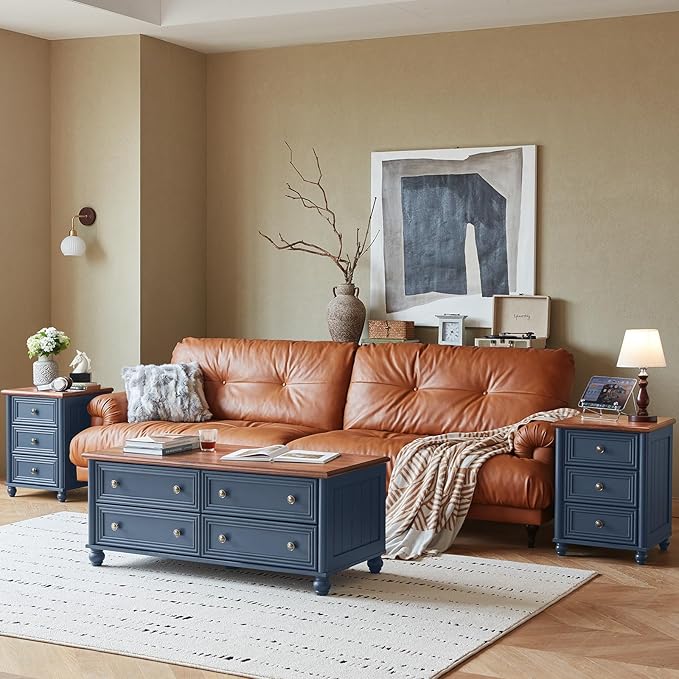 Farmhouse Dresser and Nightstand Sets 4 Piece, Wooden 7 Drawer Dresser & 35" Tall Chest of Drawers, 18" Roman Column Nightstand Set of 2, Bedroom Furniture Dressers Sets for Home Living Room