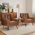 Faux Leather Accent Chairs Set of 2, Mid-Century Modern Upholstered Armchair, Comfy Living Room Chairs Reading Chairs with Button Tufted Back & Solid Wood Legs for Bedroom, Office, Coffee