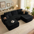 106" Cloud Sectional Couch with L-Shape Chaise & Ottoman, No Assembly Modular Sofa, Deep Seat Corduroy Boneless Couched for Living Room (Black Stripe Corduroy, Right Facing Chaise with Ottoman)