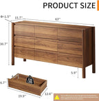 Dresser for Bedroom with 9 Drawers,63" Wide Walnut Dresser with 4 Solid Wood Legs, Wooden TV Stand,Closet Clothes Organizer for Bedroom, Hallway
