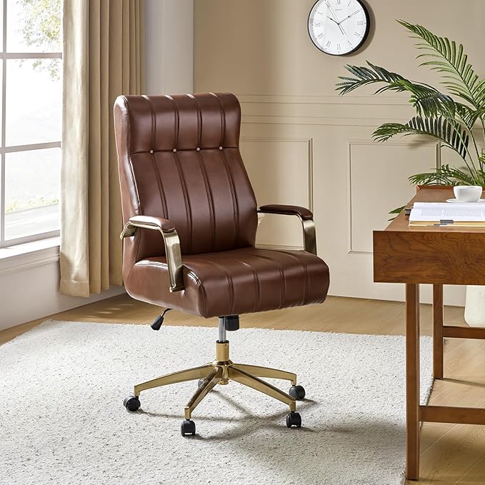HULALA HOME Modern Executive Office Chair, Faux Leather Tufted Ergonomic Desk Chair with Gold Plated Base & Armrests, 360° Swivel Adjustable Height Tilt Home Office Chair for Work/Study