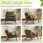 VINGLI Solid Wood Wide Armrests Accent Chair,Upholstered Mid Century Modern Chair with Pillow,Comfy Reading Chair Farmhouse Arm Chair,Chairs Living Room,Bedroom,Guest Room,Linen Fabric,Dark Green