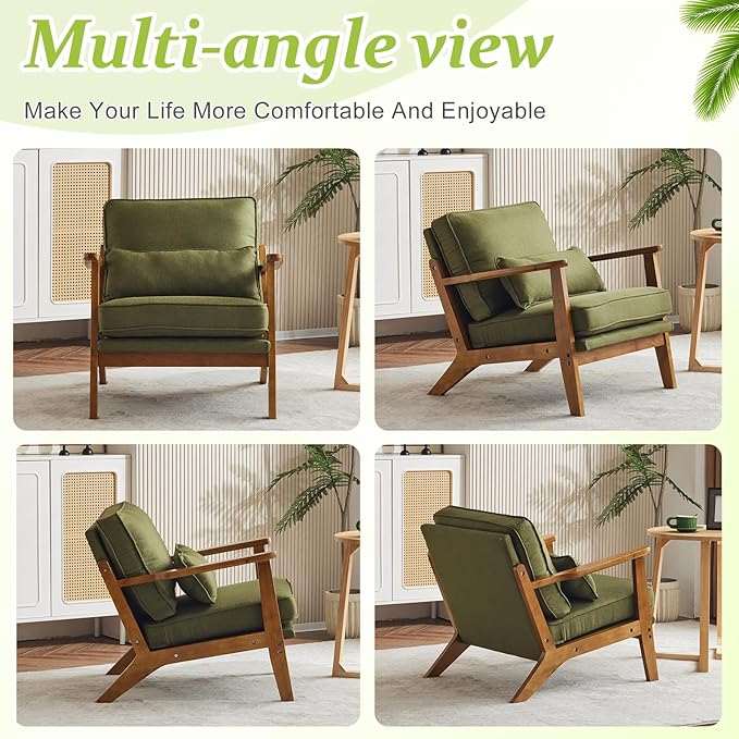 VINGLI Solid Wood Wide Armrests Accent Chair,Upholstered Mid Century Modern Chair with Pillow,Comfy Reading Chair Farmhouse Arm Chair,Chairs Living Room,Bedroom,Guest Room,Linen Fabric,Dark Green