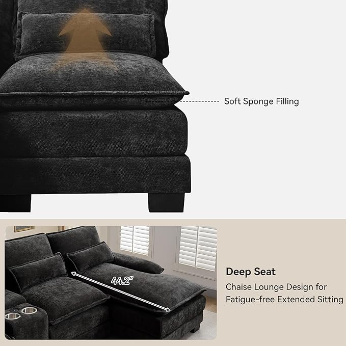 U Shaped Sectional Sofa with Storage Console, Cup Holders & USB Ports, Small Modular Cloud Couch with Deep Seats, Modern Comfy Living Room Sofa for Apartment, Chenille Black