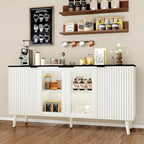 JASIWAY Buffet Cabinet with Storage 55" Fluted Sideboard with Glass Door Modern Coffee Bar Table Accent Credenza Cabinet for Dining Room, Kitchen, Living Room, Hallway, White and Black