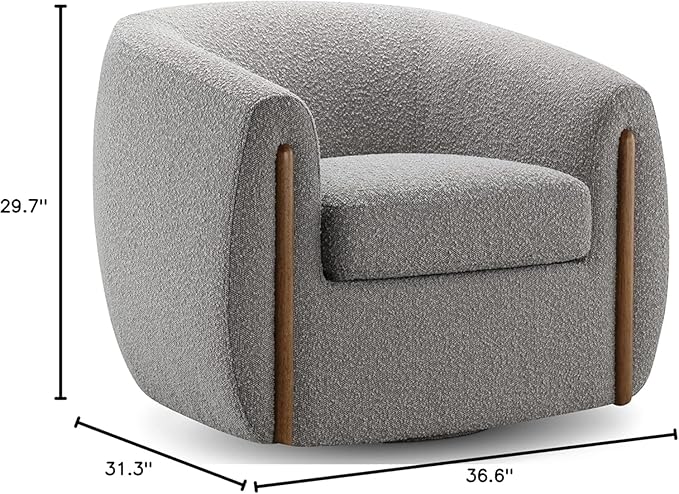 CHERS Aspen Swivel Accent Chair with Wood Accents, Bouclé Upholstered Armchair for Living Room, 360° Swivel Barrel Chair with High-Density Cozy Foam Cushioning, Modern Design, Gray